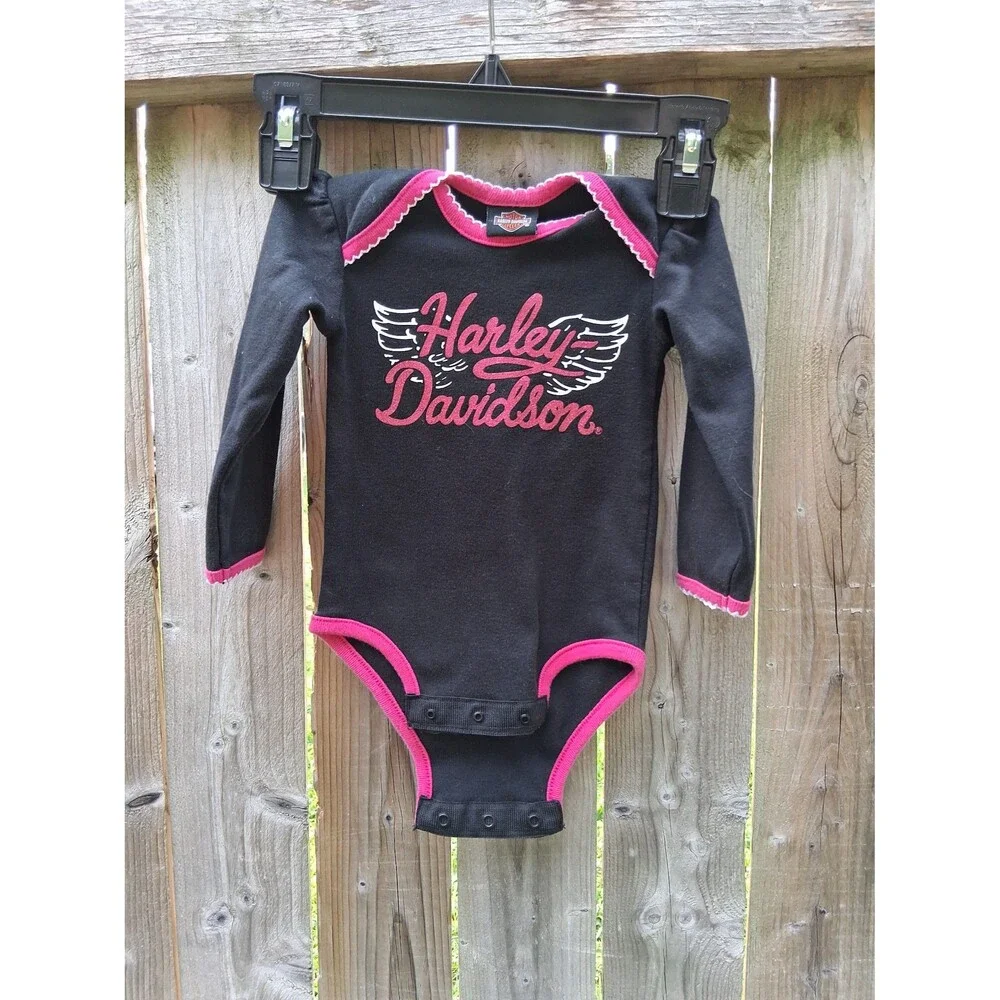 122 Harley Davidson One Piece Romper Infant 3/6M Baby Girl Black & Pink Sparkles